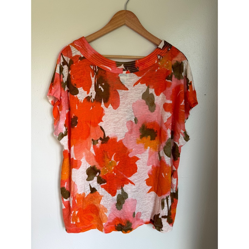 Joie Womens 2X Linen Blend Floral Button Front V-Neck Short Sleeve Top Orange - Picture 2 of 6